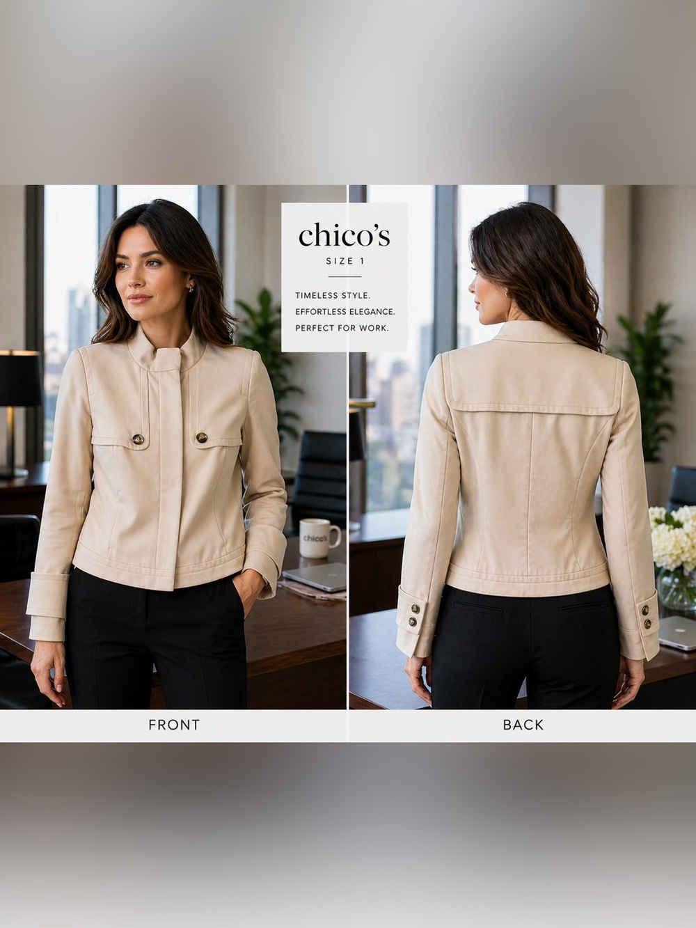 Chico’s Beige Cropped Jacket Women Size 1 Structured Blazer Button Front Work